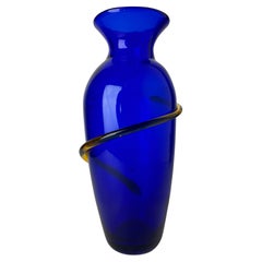 Vintage Richard Blenko Cobalt Blue And Yellow Glass Vase