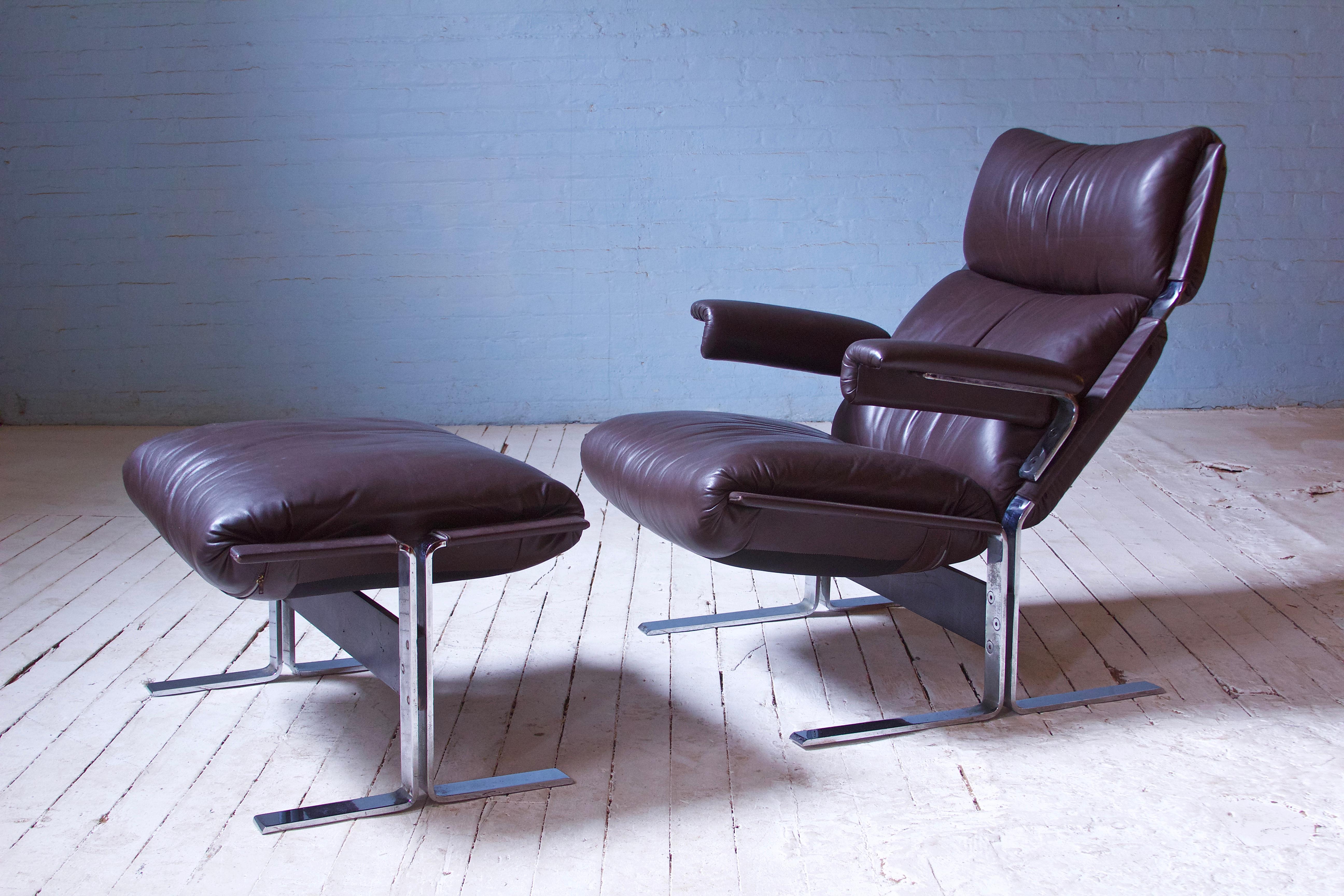 Mid-Century Modern Vintage Richard Hersberger Leather & Chromium Lounge Chair & Footstool, 1970s