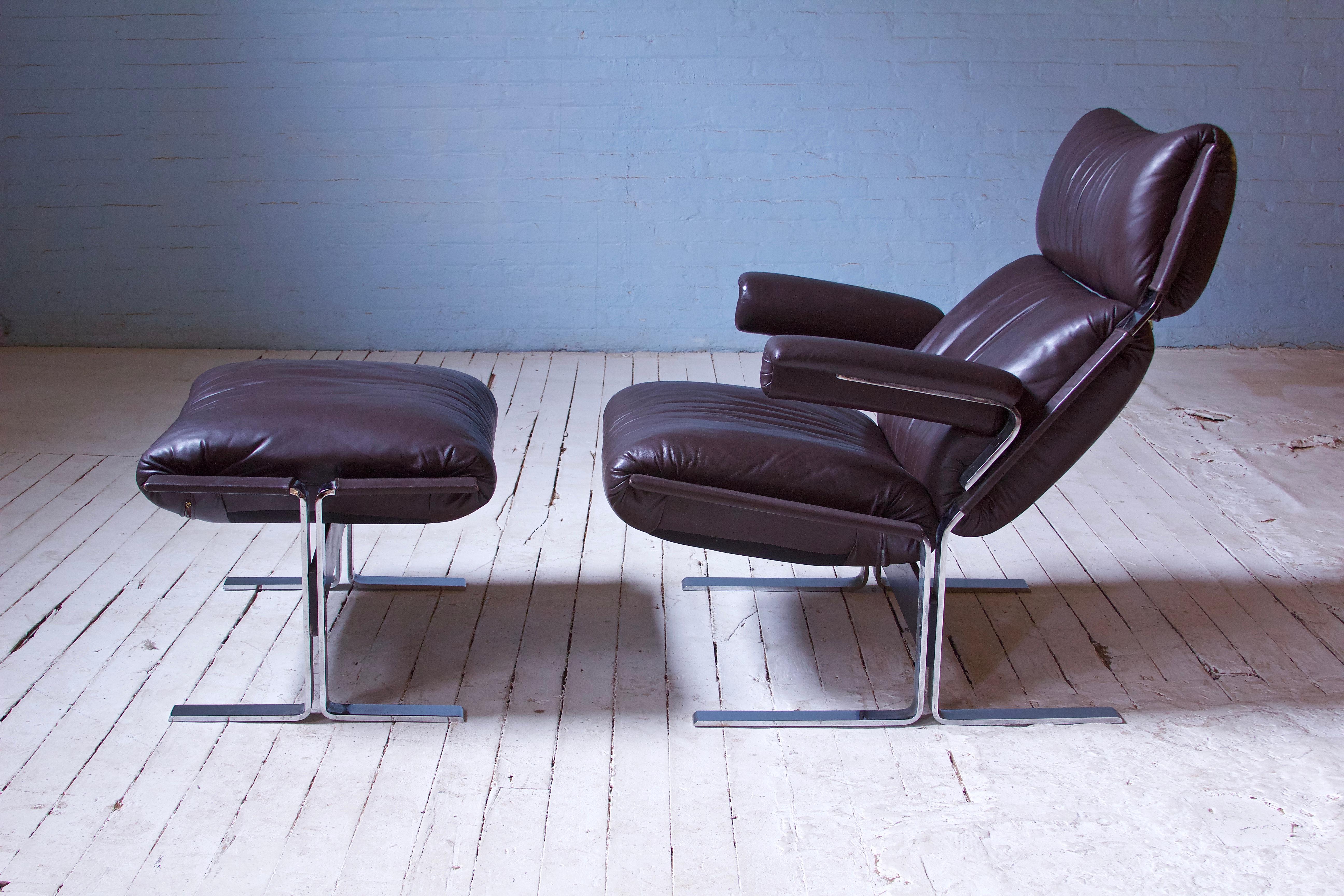 Italian Vintage Richard Hersberger Leather & Chromium Lounge Chair & Footstool, 1970s