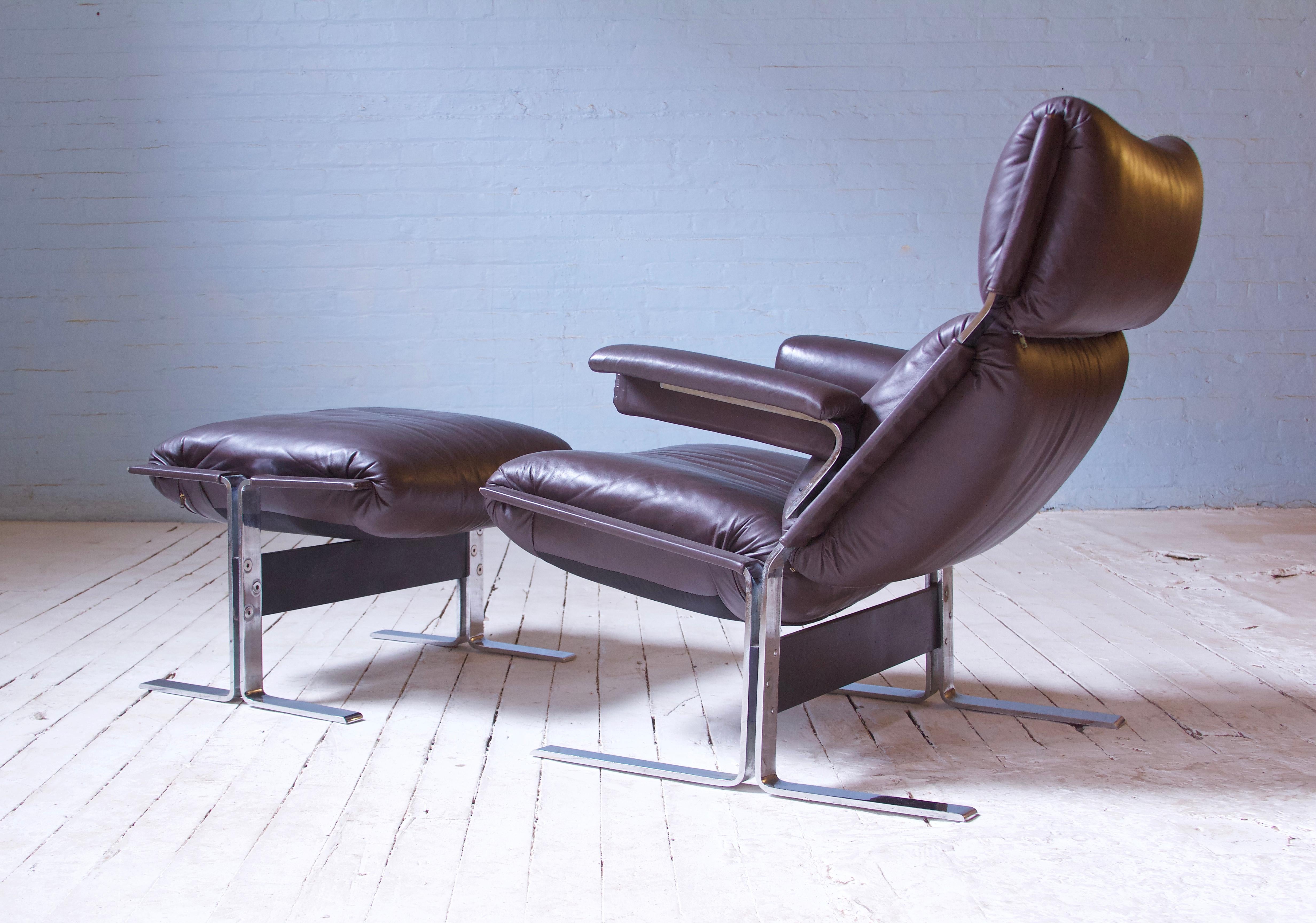 Metalwork Vintage Richard Hersberger Leather & Chromium Lounge Chair & Footstool, 1970s