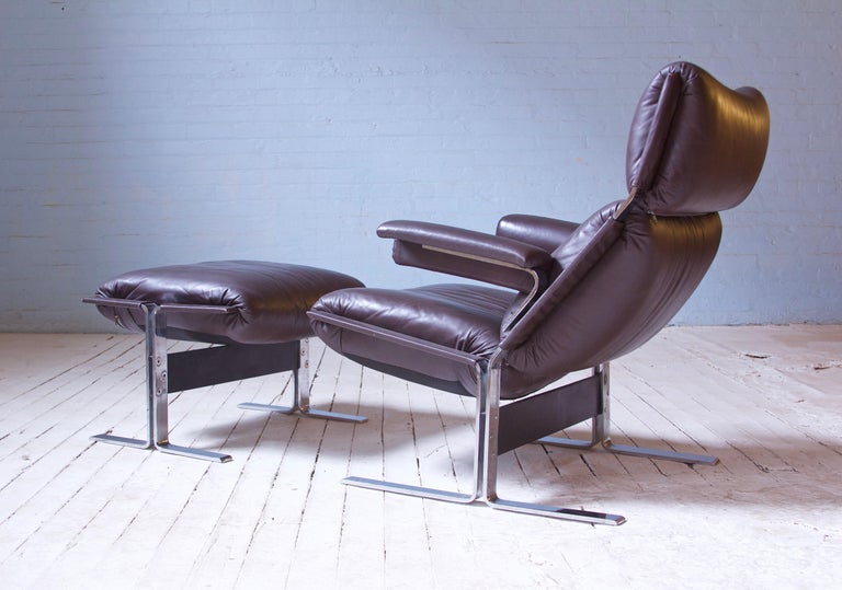 Metalwork Vintage Richard Hersberger Leather & Chromium Lounge Chair & Footstool, 1970s For Sale