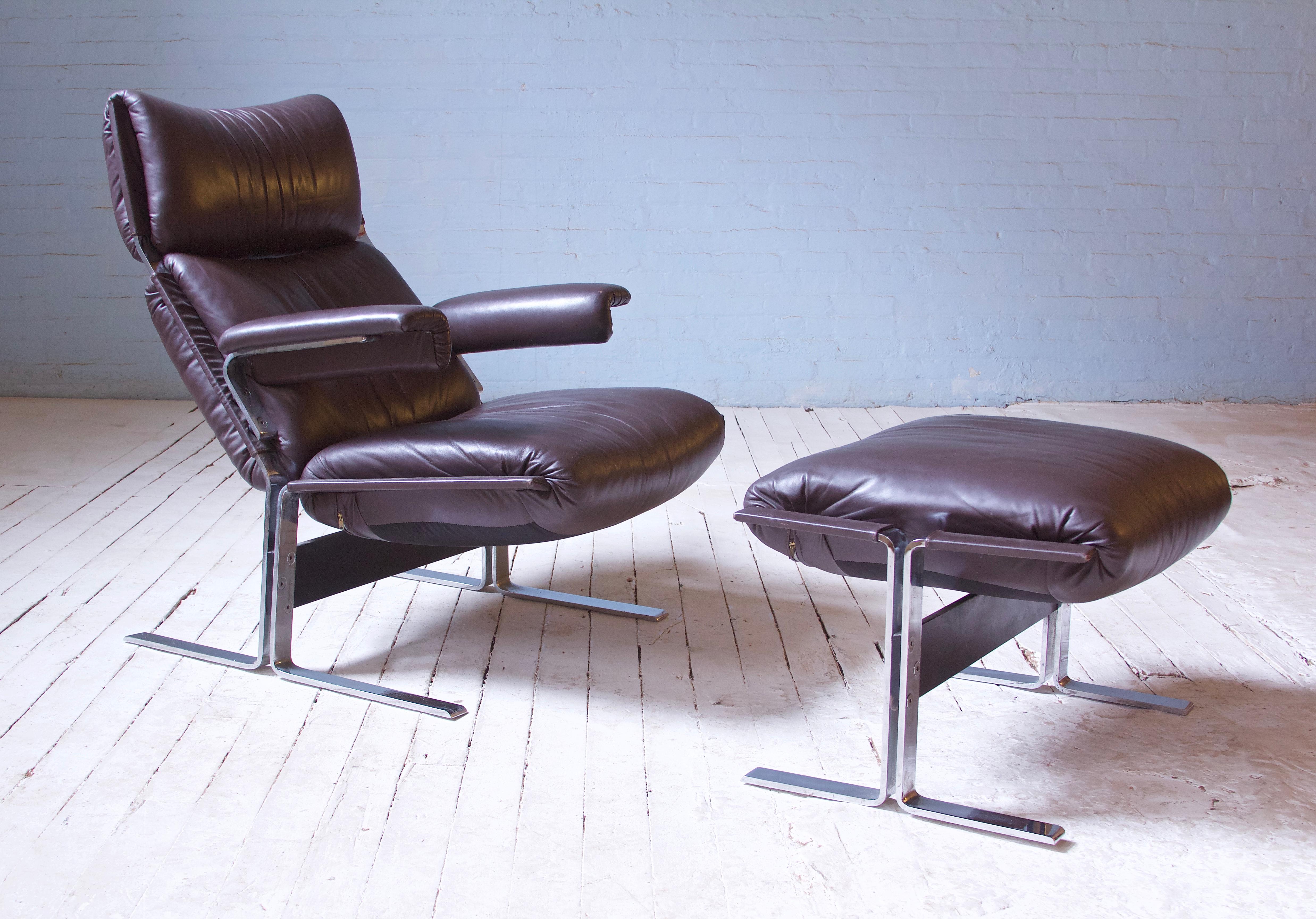 Vintage Richard Hersberger Leather & Chromium Lounge Chair & Footstool, 1970s In Good Condition In Brooklyn, NY