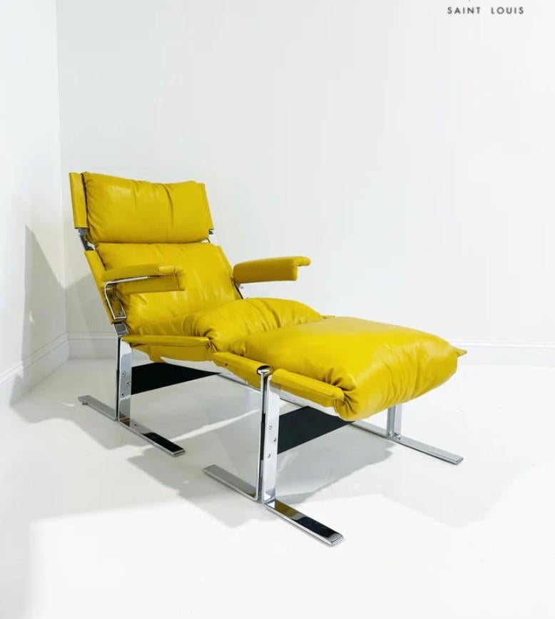 Such a cool chair. Comfortable and heavy in a cool mustard yellow leather.