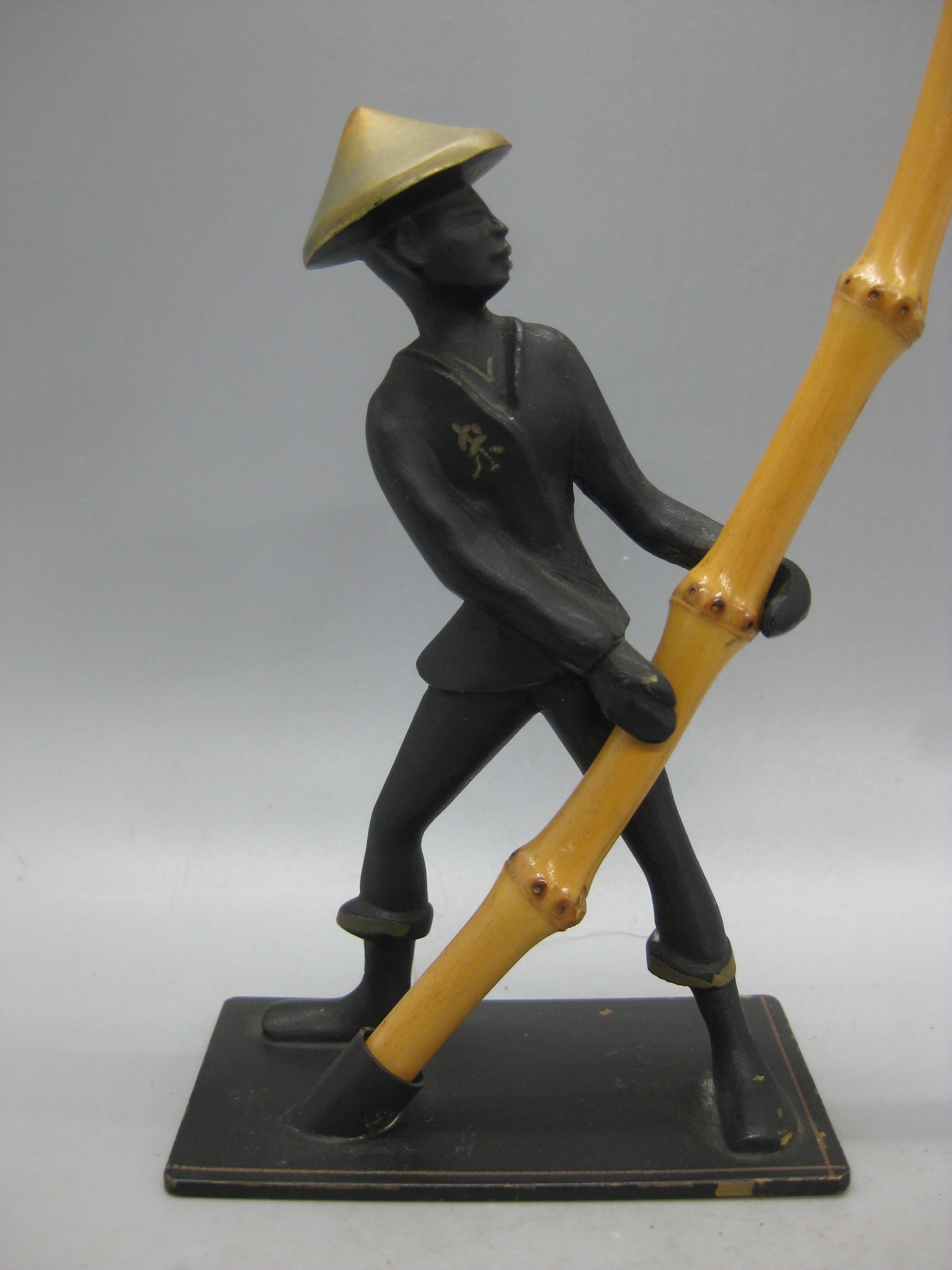Vintage Richard Rohac Austriaco Vienna Bronze Uomo Asiatico con Figura di Bambù Statua In condizioni buone in vendita a San Diego, CA