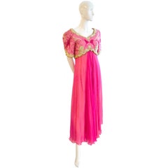 Vintage Richilene Heavily Embroidered Beaded Pink Silk Chiffon Evening Dress