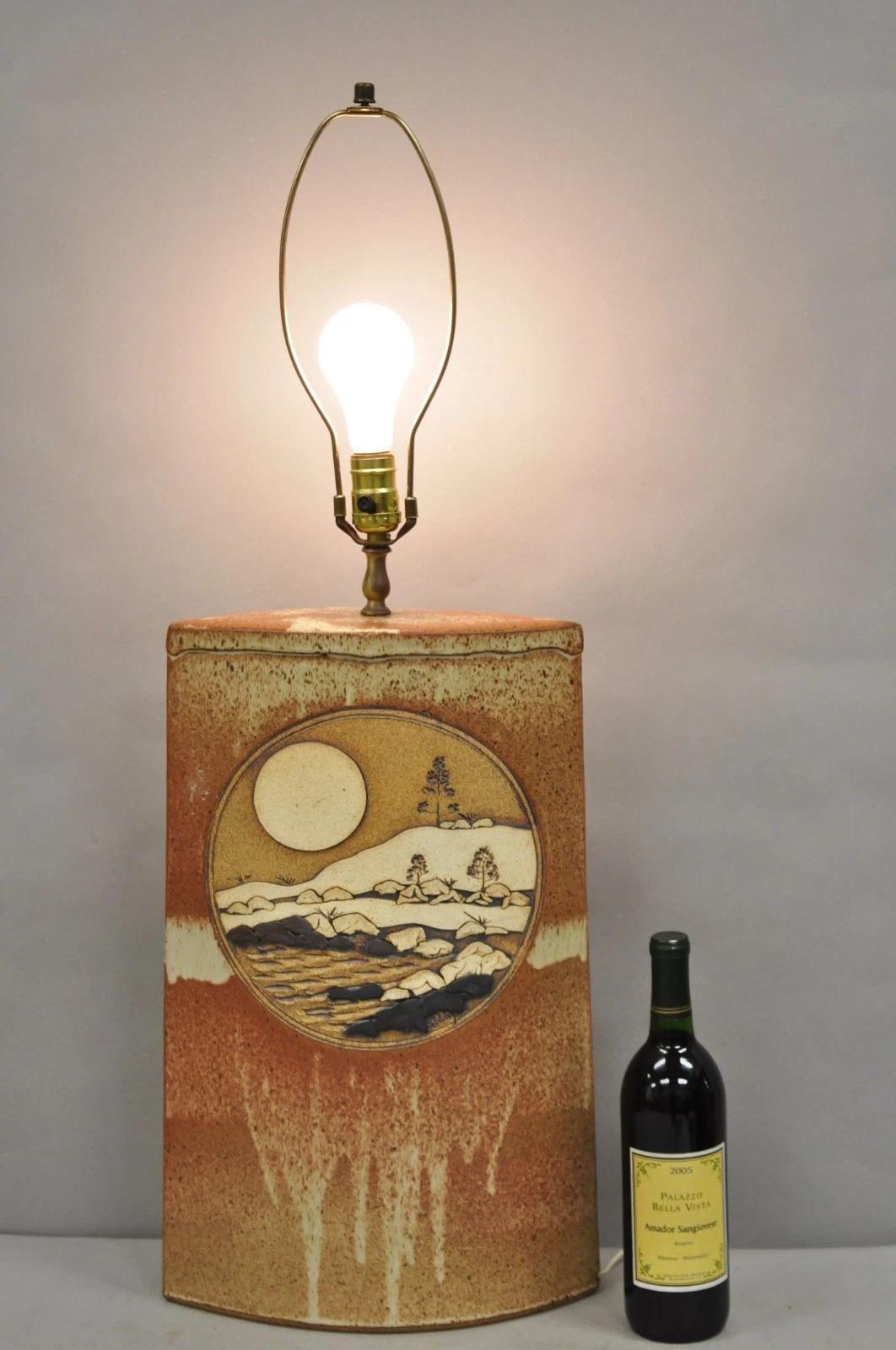 Vintage Rick Schlag Studio Orange Terracotta Pottery Southwestern Large Table Lamp, Artist Signed. Circa Late 20th Century. Measurements: 35