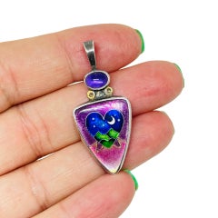 Vintage RICKY FRANK signed sterling silver 925 amethyst enamel pendant necklace