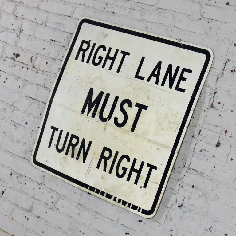 Vintage Right Lane Must Turn Right Large Steel Traffic Sign For Sale at