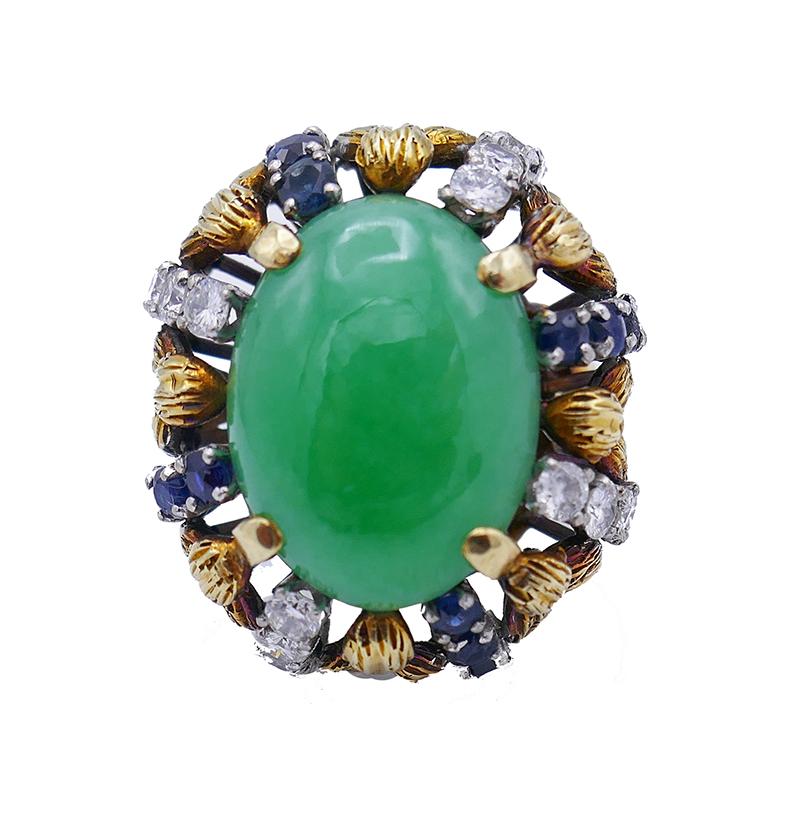 Mixed Cut Vintage Ring 14k Gold Jade Diamond Sapphire Estate Jewelry