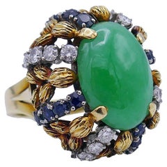Vintage Ring 14k Gold Jade Diamond Sapphire Estate Jewelry
