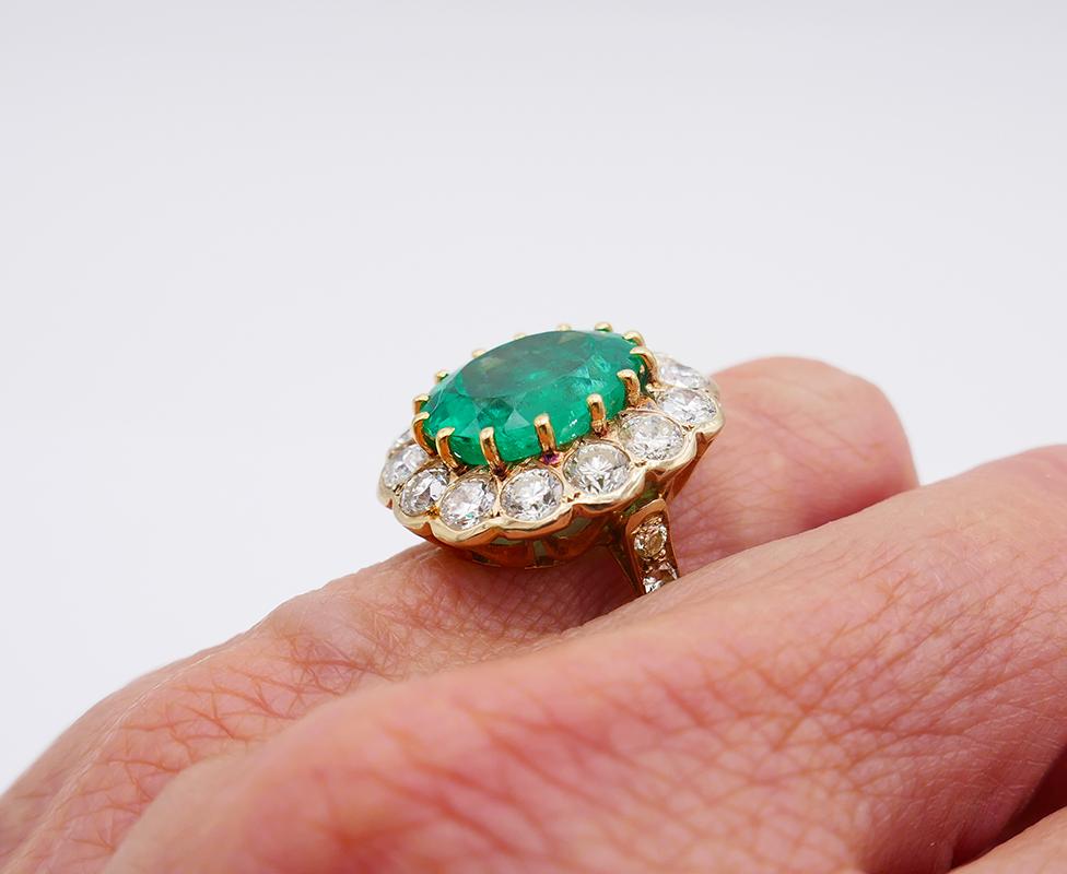 Vintage Ring 18k Gold Colombian Emerald GRS Report Diamond Cocktail French 5