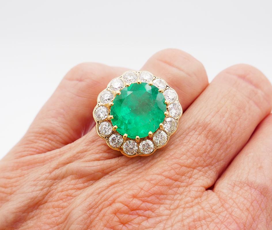 Vintage Ring 18k Gold Colombian Emerald GRS Report Diamond Cocktail French 4