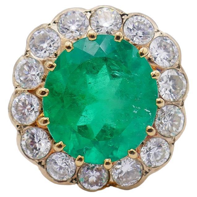 Vintage Ring 18k Gold Colombian Emerald GRS Report Diamond Cocktail French