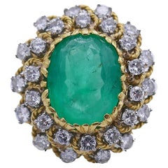 Retro Ring 18k Gold Emerald Diamond Estate Jewelry