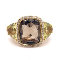 Vintage Ring 3CT Cushion Briolette Smoky Topaz+ 3ct Lemon Quartz 18k Yellow gold
