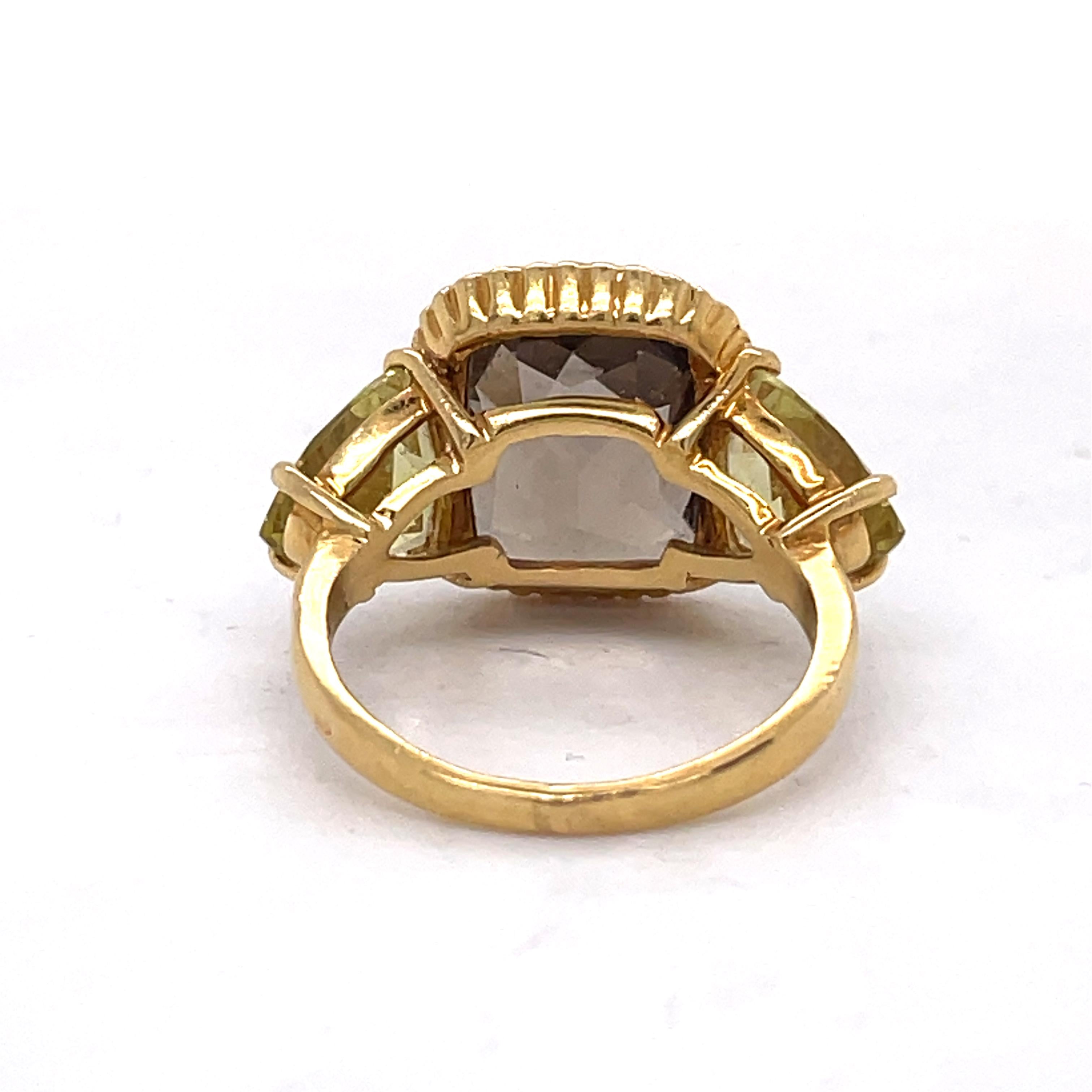 Women's Vintage Ring 3CT Cushion Briolette Smoky Topaz+ 3ct Lemon Quartz 18k Yellow gold For Sale