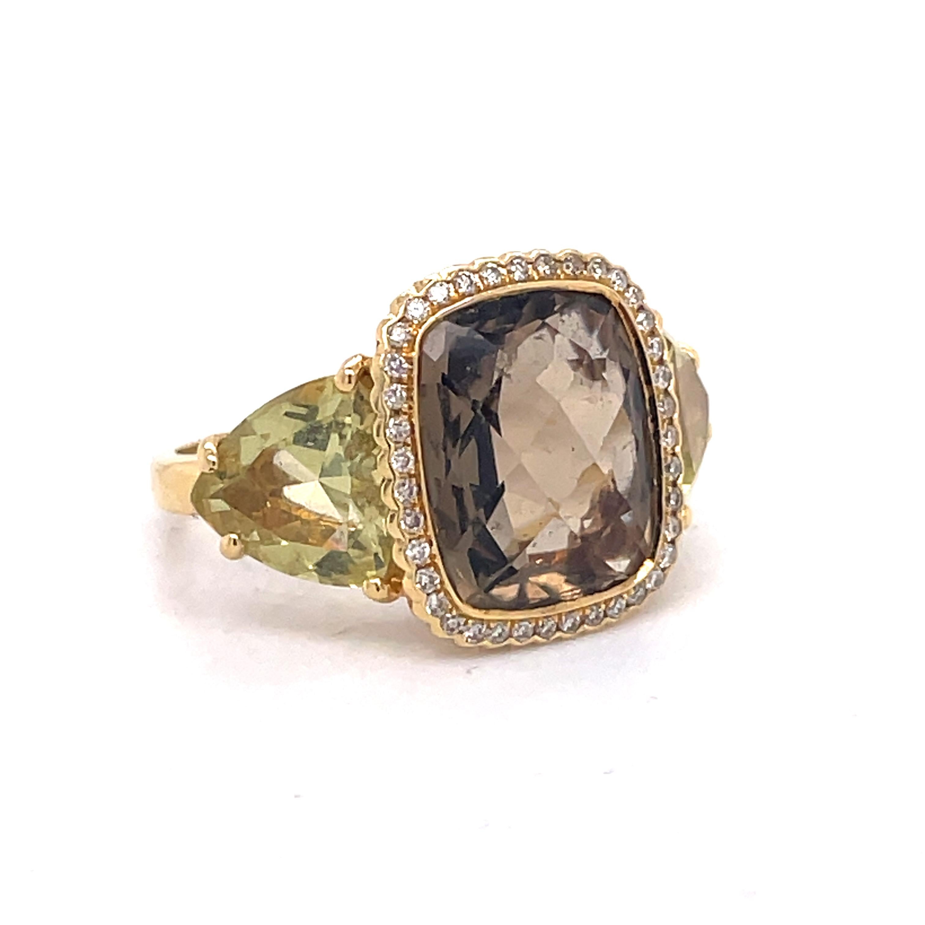 Vintage Ring 3CT Cushion Briolette Smoky Topaz+ 3ct Lemon Quartz 18k Yellow gold For Sale 2