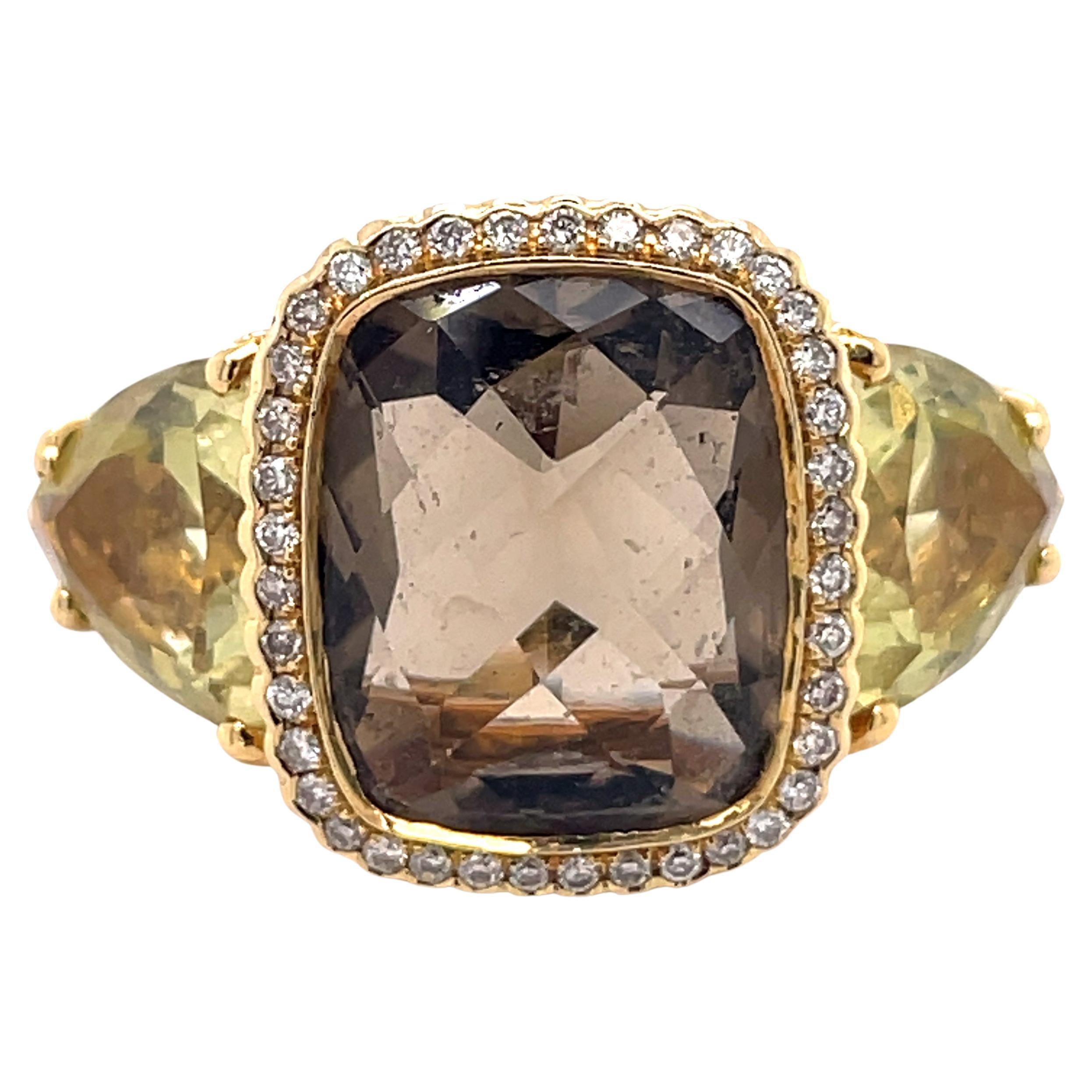 Bague Vintage 3CT Cushion Briolette Smoky Topaz+ 3ct Lemon Quartz Or jaune 18k en vente