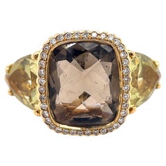 Bague Vintage 3CT Cushion Briolette Smoky Topaz+ 3ct Lemon Quartz Or jaune 18k