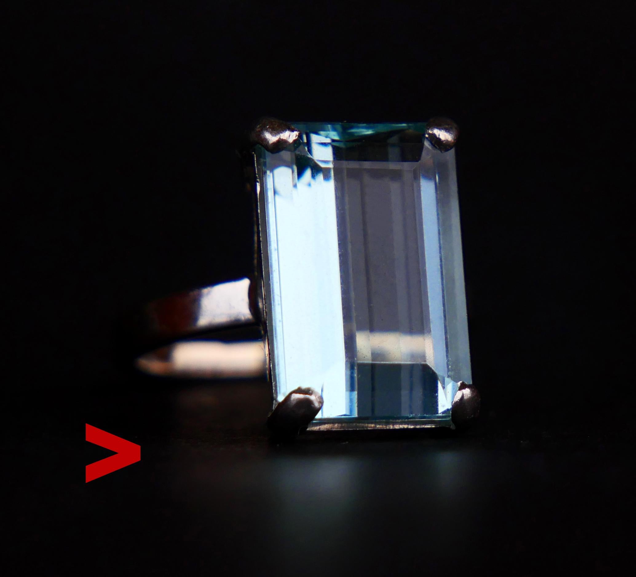 Beautiful Aquamarine Ring for female hand. Frame in solid 18K White Gold.

Claw set natural baguette Blue Aquamarine stone measuring 13.5 mm x 9 mm x 5.5 mm deep / about 7 ct.

This stone is eye clean / transparent ,very bright and
