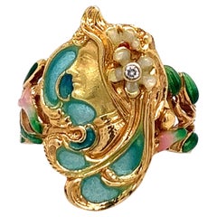 Vintage Ring Art Nouveau Lady French Enamel Plique-à-jour Glass Circa 1920's
