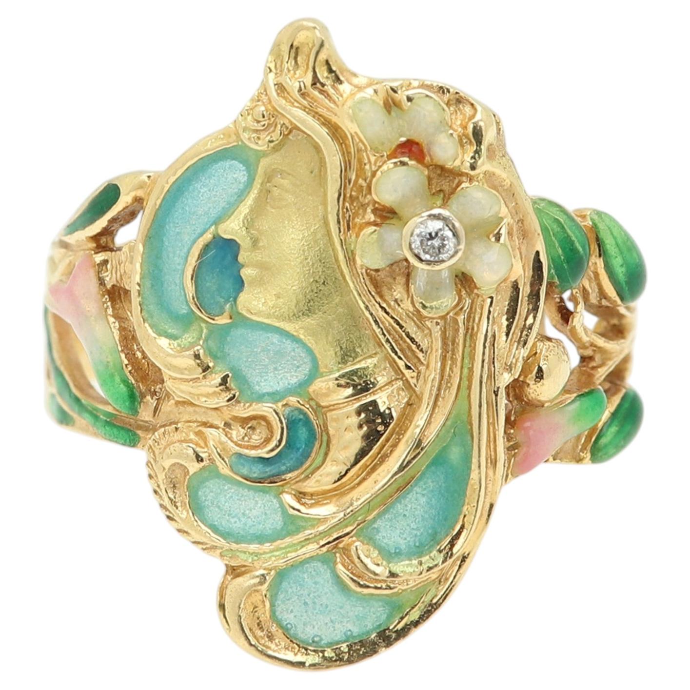 Vintage Ring Art Nouveau Lady French Enamel Plique-à-jour Glass Circa 1920's