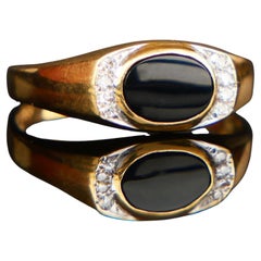 Anello Vintage Onice Nera Diamanti Oro Giallo 18K Ø US7.5 / 2gr