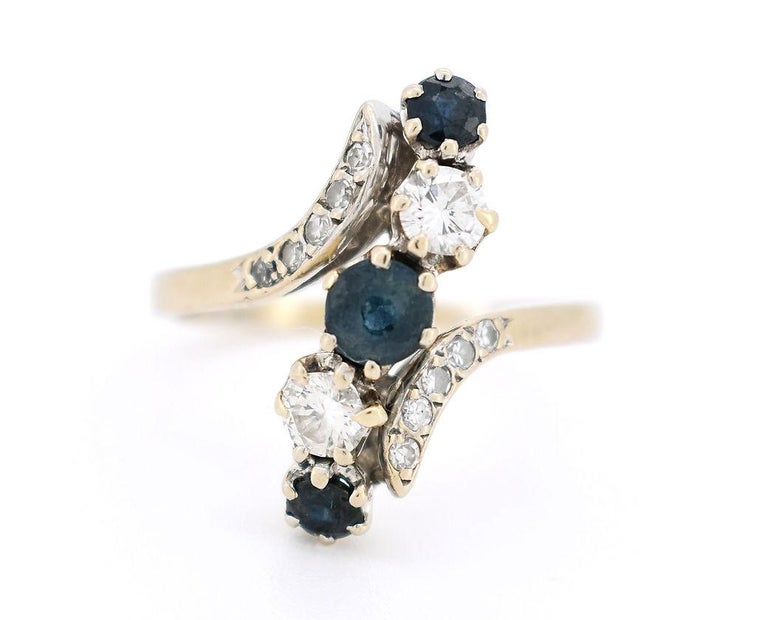 Bague Art Déco En Or 18k Avec Diamants Brillants Et Saphir - Taille 51 (Années 60)