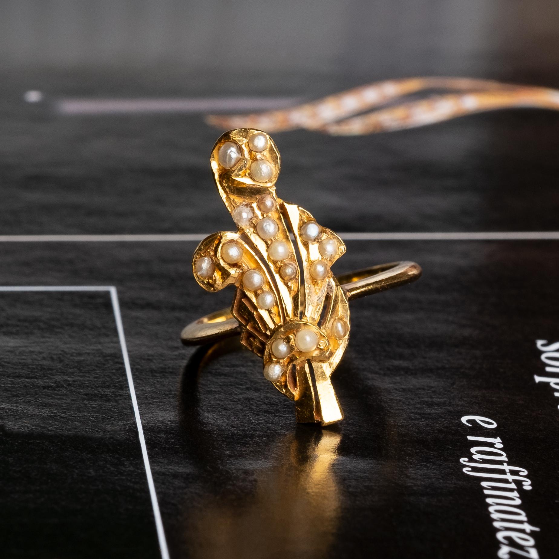 Vintage-Ring aus Gold mit Mikro-Perlen (Rundschliff) im Angebot