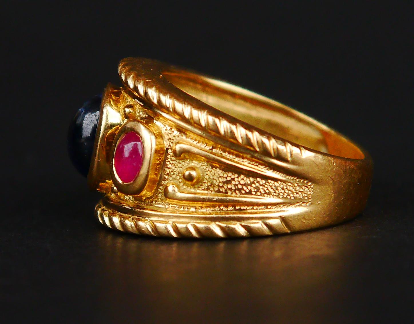 Anello Vintage naturale 1,25ct Zaffiro 0,8ct Rubino massiccio Oro 18K Ø US 5,5 / 9gr in vendita 8