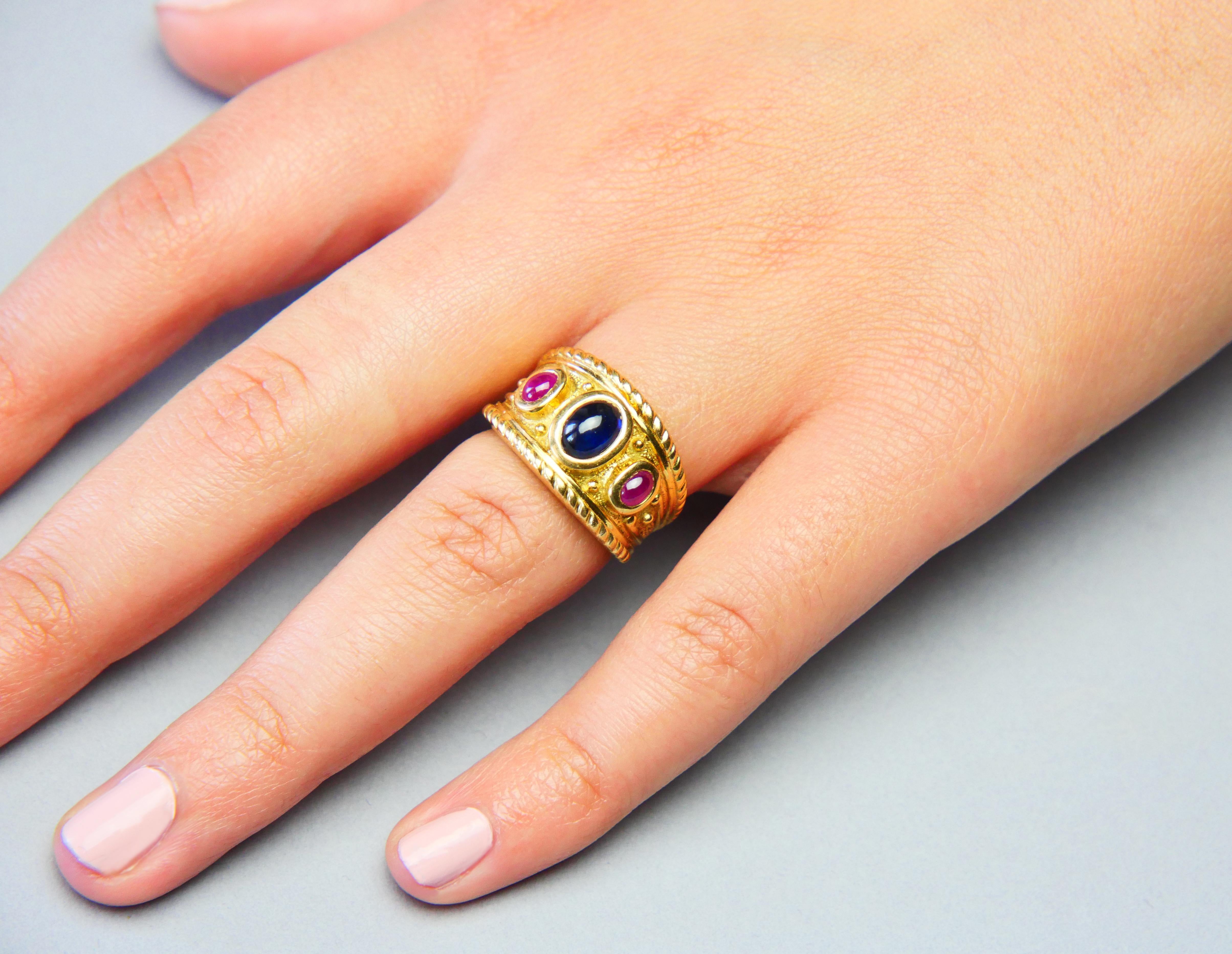 Anello Vintage naturale 1,25ct Zaffiro 0,8ct Rubino massiccio Oro 18K Ø US 5,5 / 9gr in vendita 10