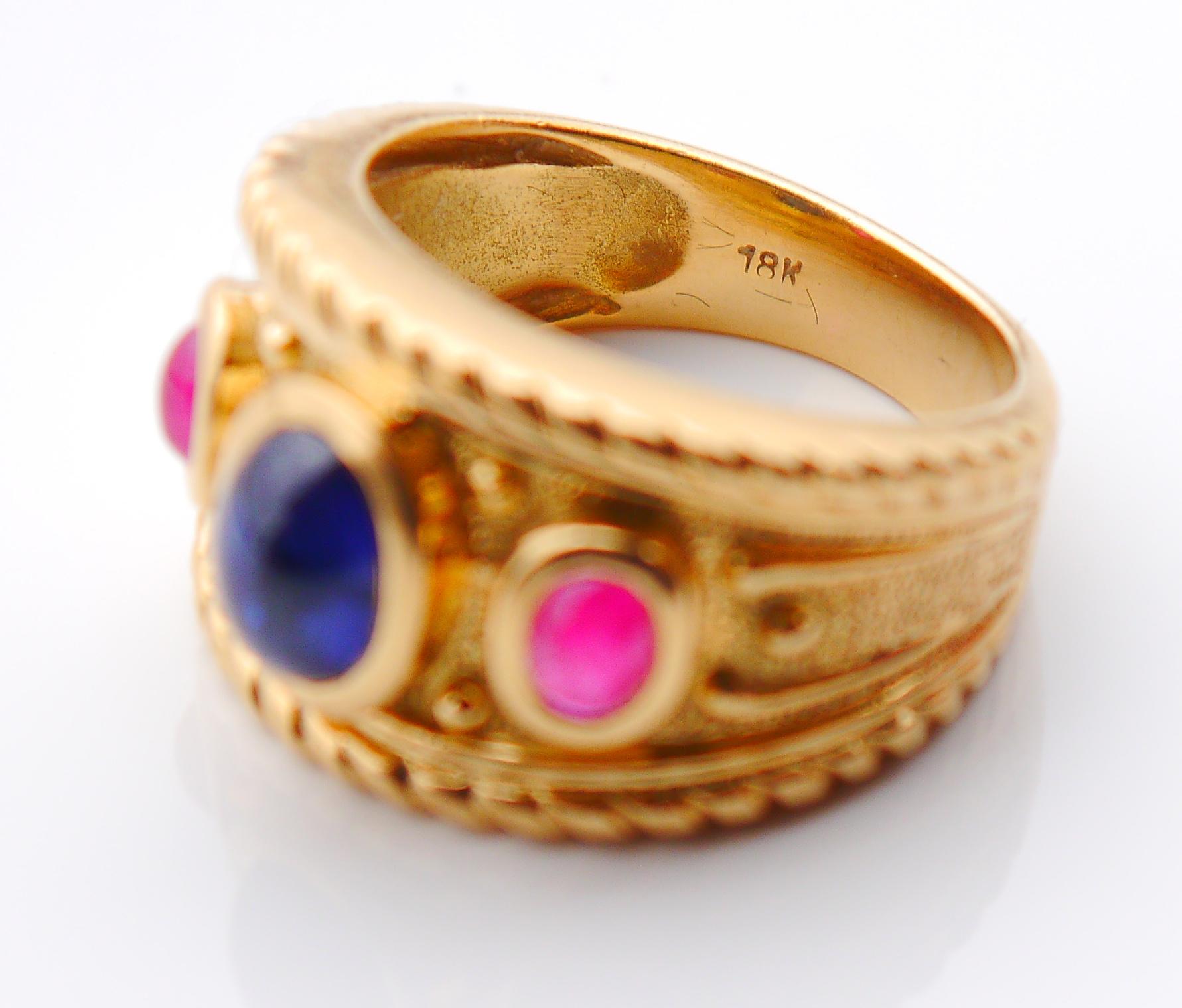 Anello Vintage naturale 1,25ct Zaffiro 0,8ct Rubino massiccio Oro 18K Ø US 5,5 / 9gr in vendita 2