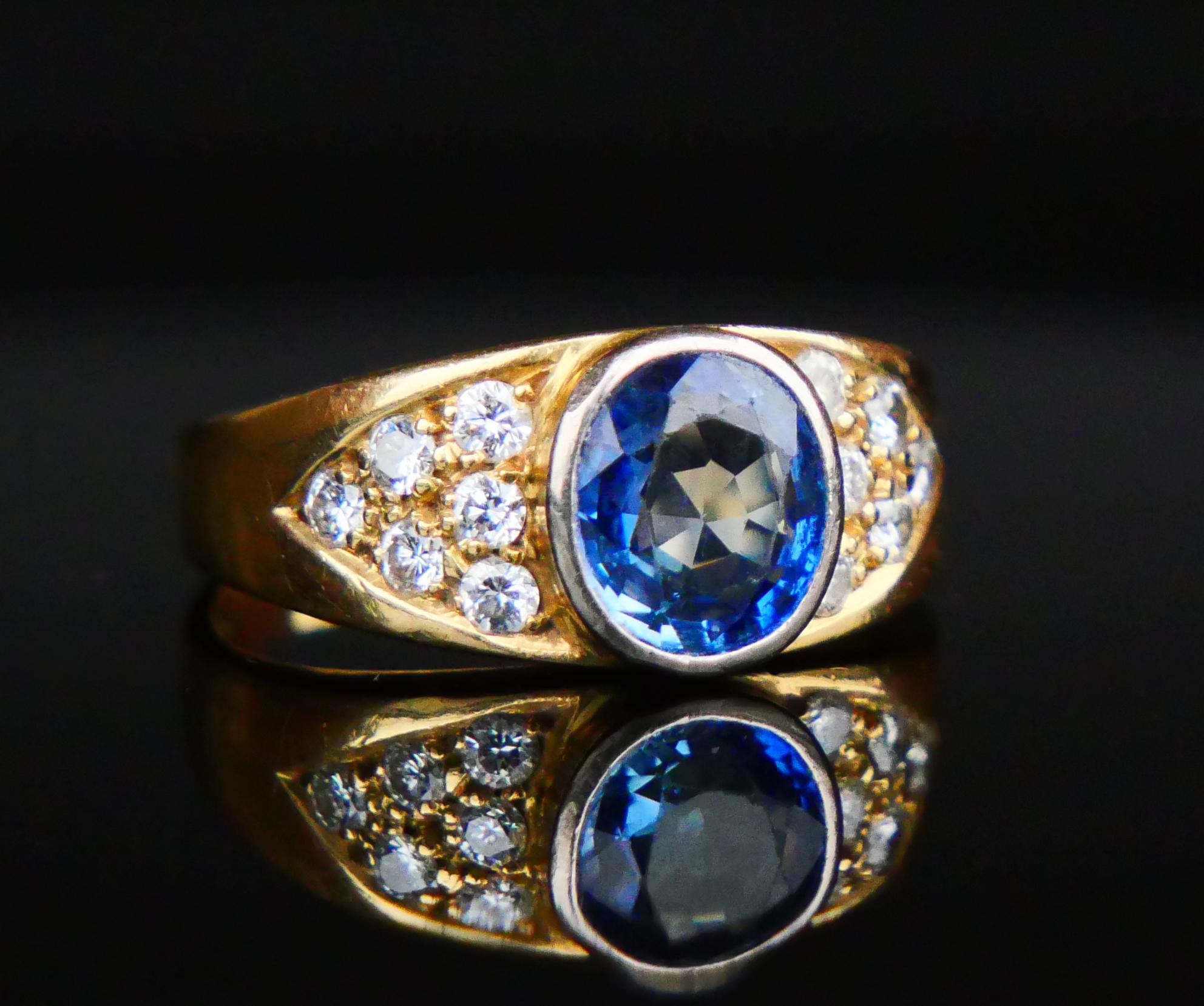 Retro Vintage Ring natural 2ct Blue Sapphire Diamonds solid 18K Gold Ø7US /5.8gr For Sale