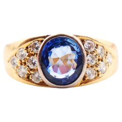 Retro Ring natural 2ct Blue Sapphire Diamonds solid 18K Gold Ø7US /5.8gr