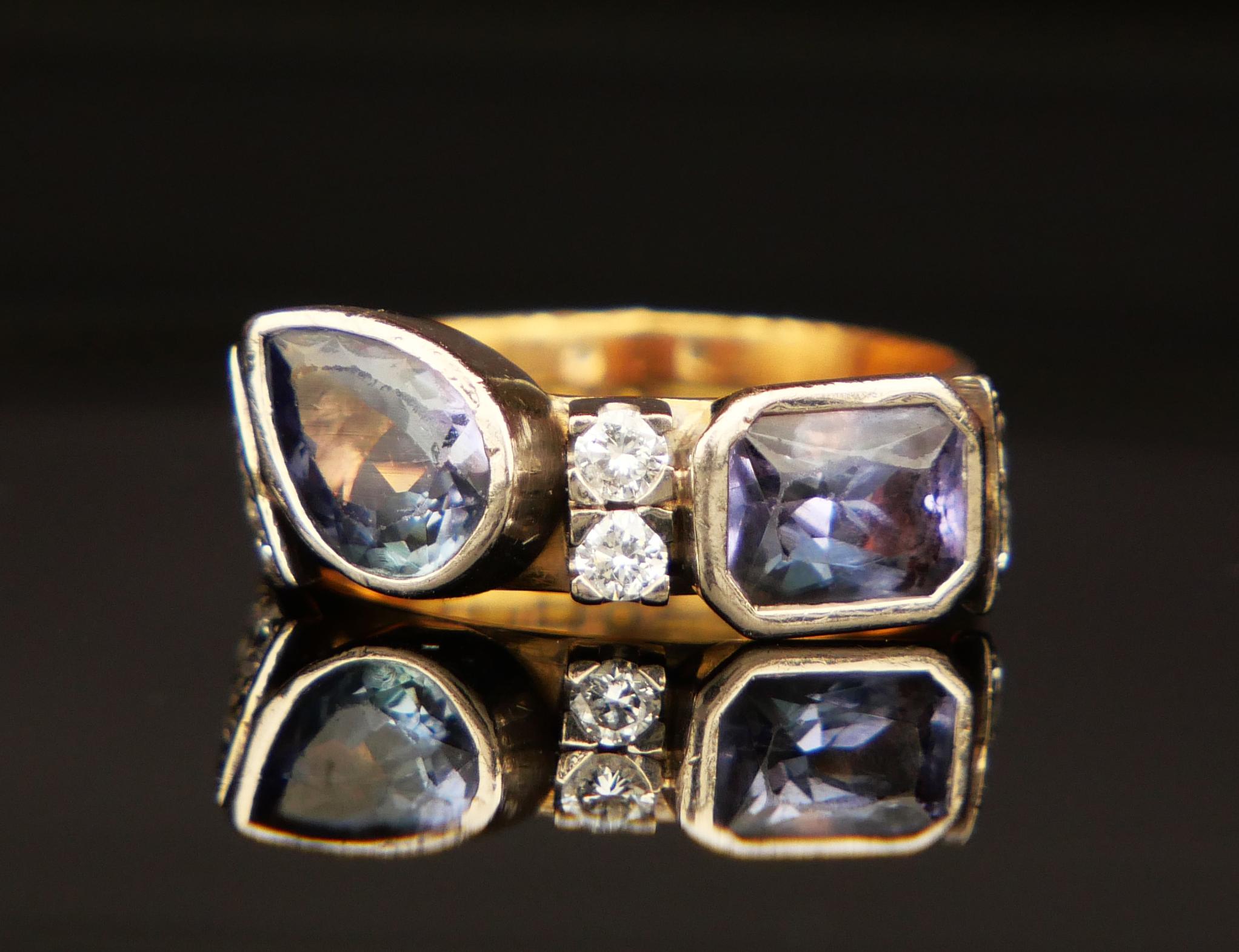Contemporary Vintage Ring natural Tanzanite Diamonds solid 18K Yellow Gold Ring Ø5.5US/ 6.4gr For Sale