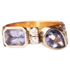 Bague vintage Tanzanite naturelle Diamants bague en or jaune 18K Ø5.5US/ 6.4gr