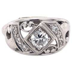 Vintage Ring With A Safety Shank Gadget - 0.40CT Natural Diamond, 14k White Gold