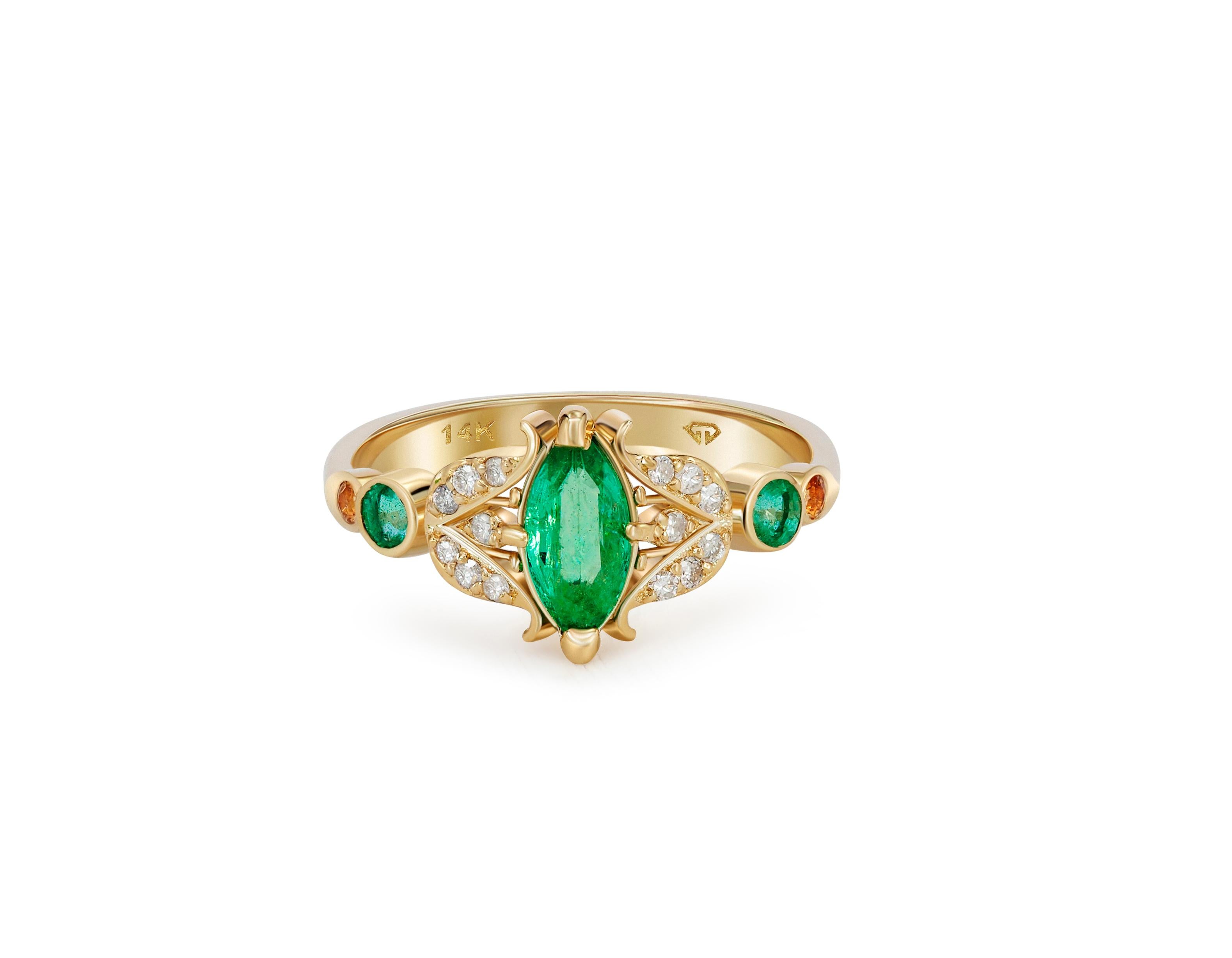 Vintage ring with emerald. 
Marquise emerald ring. Solid 14k gold ring. Emerald engagement ring. May birthstone ring. Genuine emerald.

Metal: 14k gold
Weight 2.53 g. depends from size.

Gemstones (all are tested by proffesional