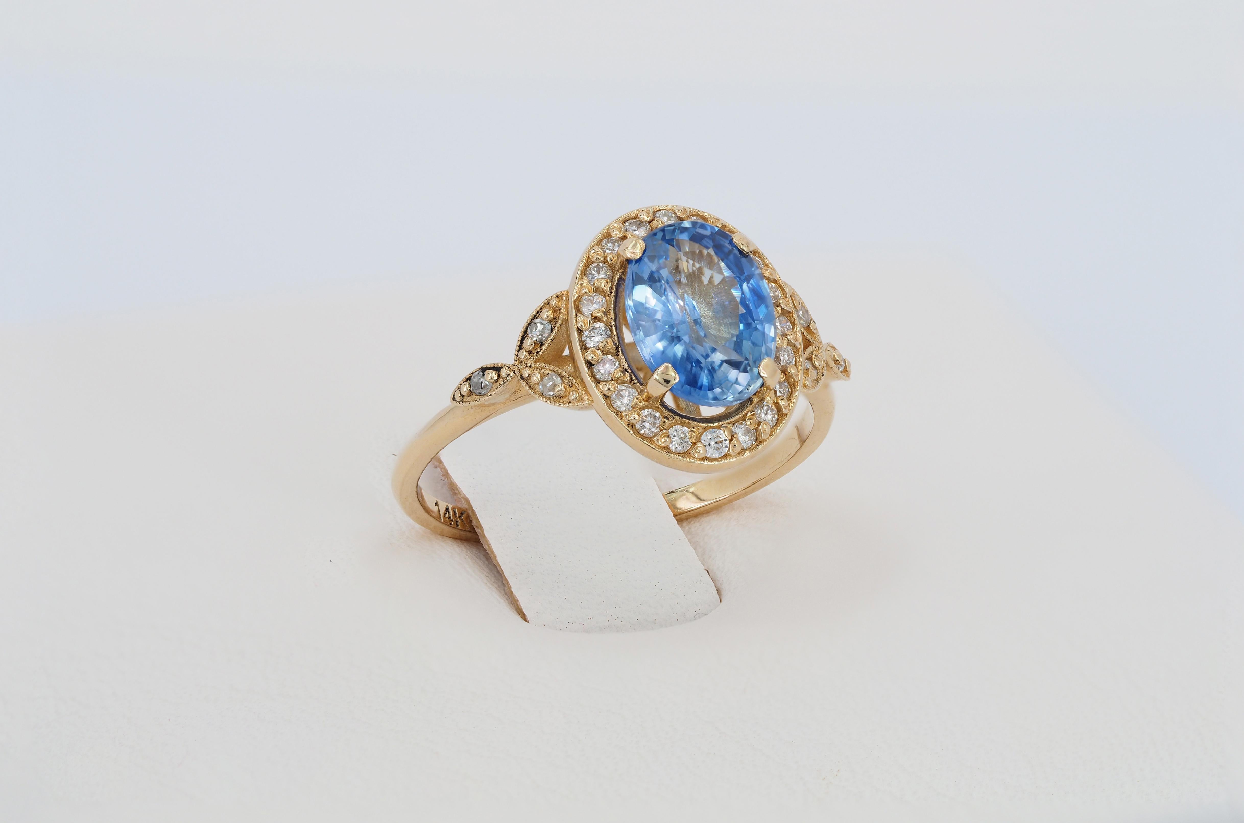 For Sale:  Vintage ring with sapphire and diamonds in 14k gold 10
