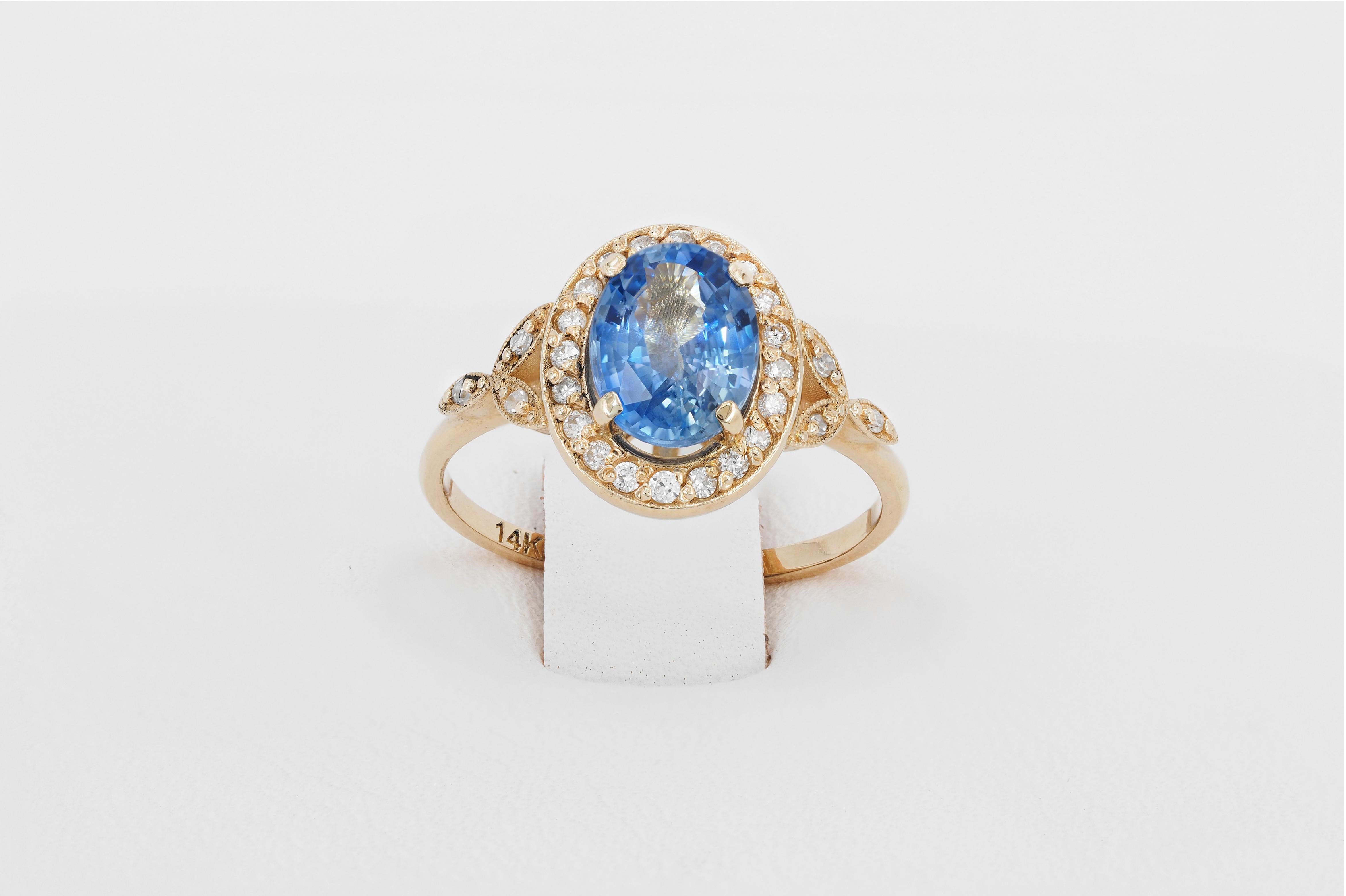 For Sale:  Vintage ring with sapphire and diamonds in 14k gold 6