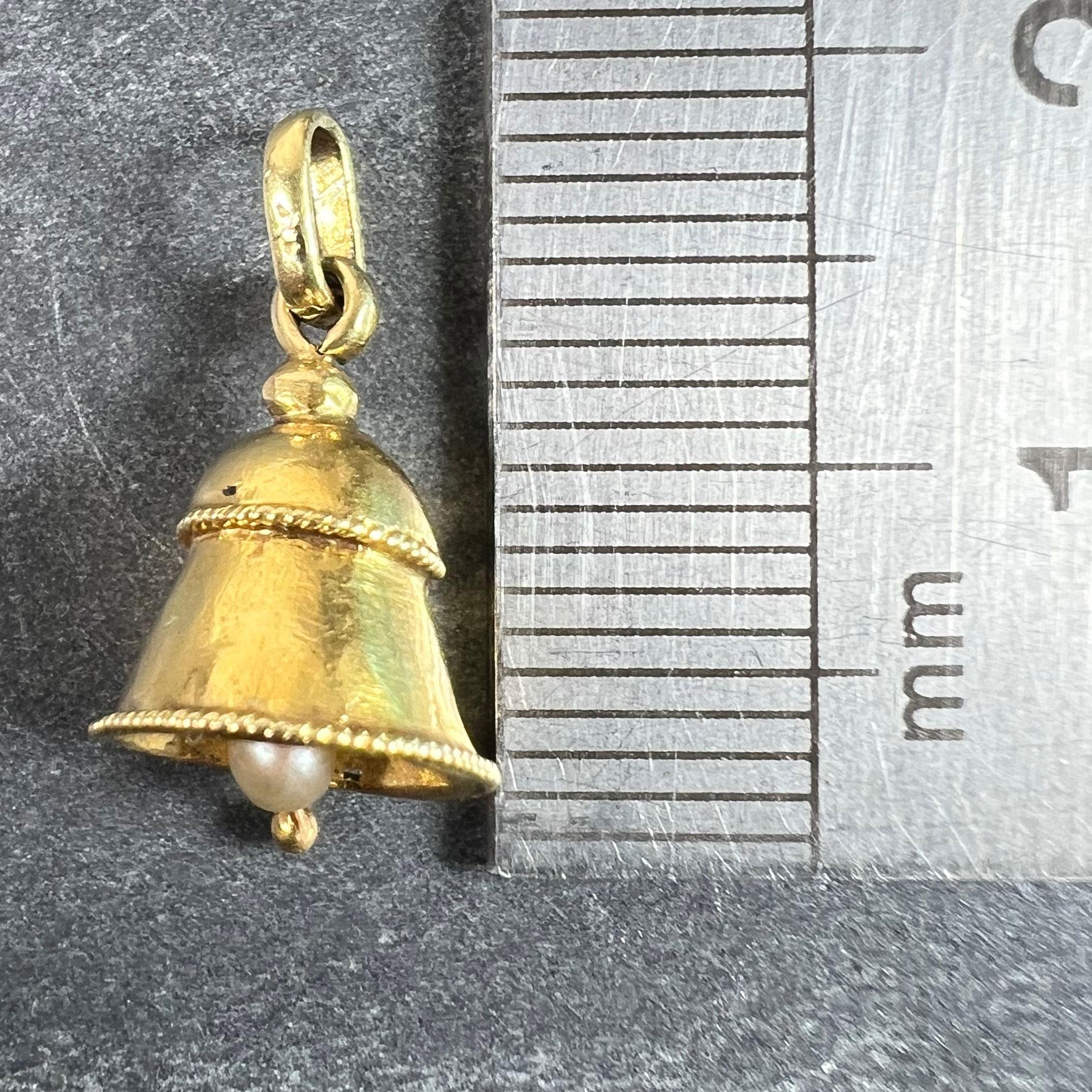 Vintage Ringing Wedding Bell 18K Yellow Gold Pearl Charm Pendant For Sale 5