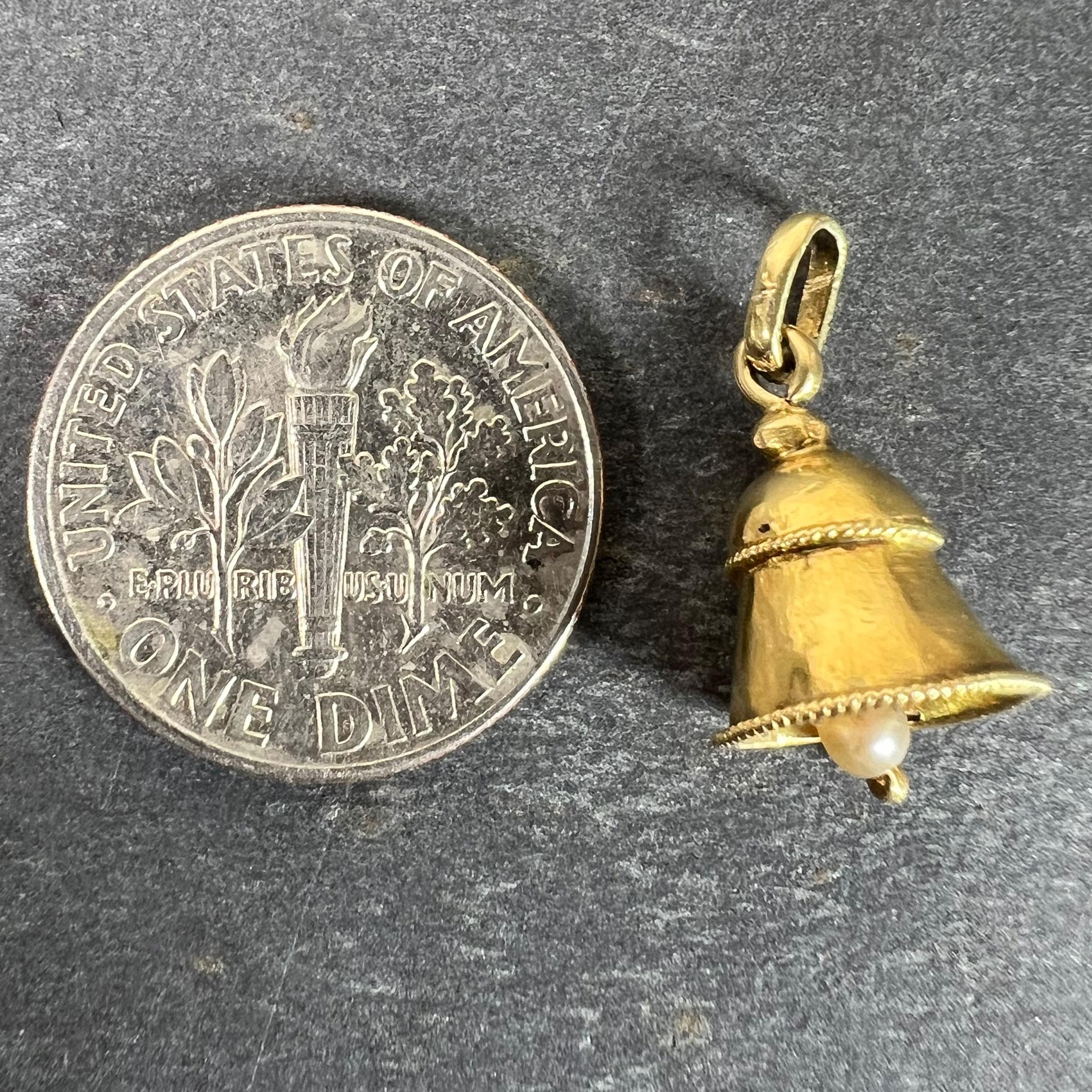 Vintage Ringing Wedding Bell 18K Yellow Gold Pearl Charm Pendant For Sale 6