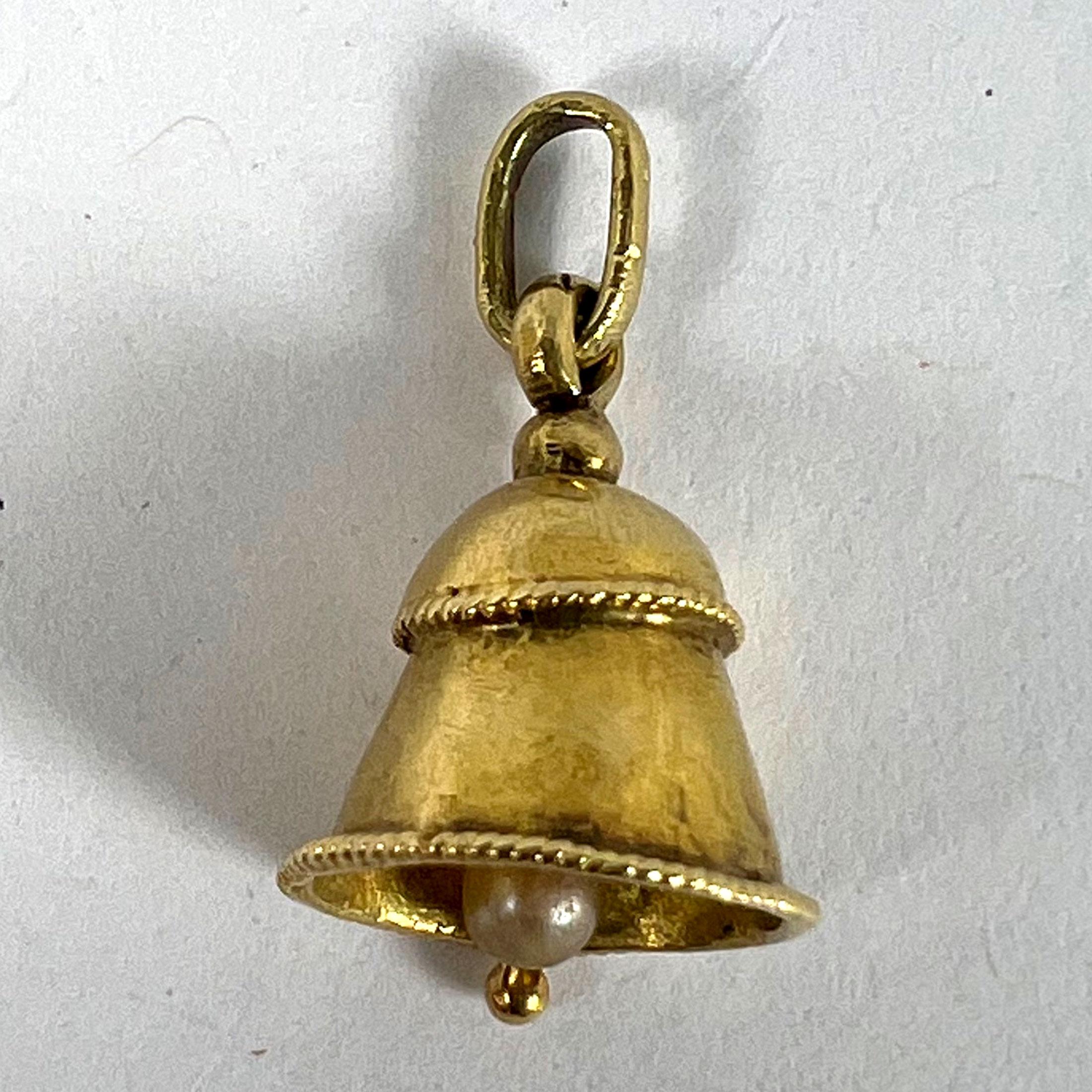 Vintage Ringing Wedding Bell 18K Yellow Gold Pearl Charm Pendant For Sale 7