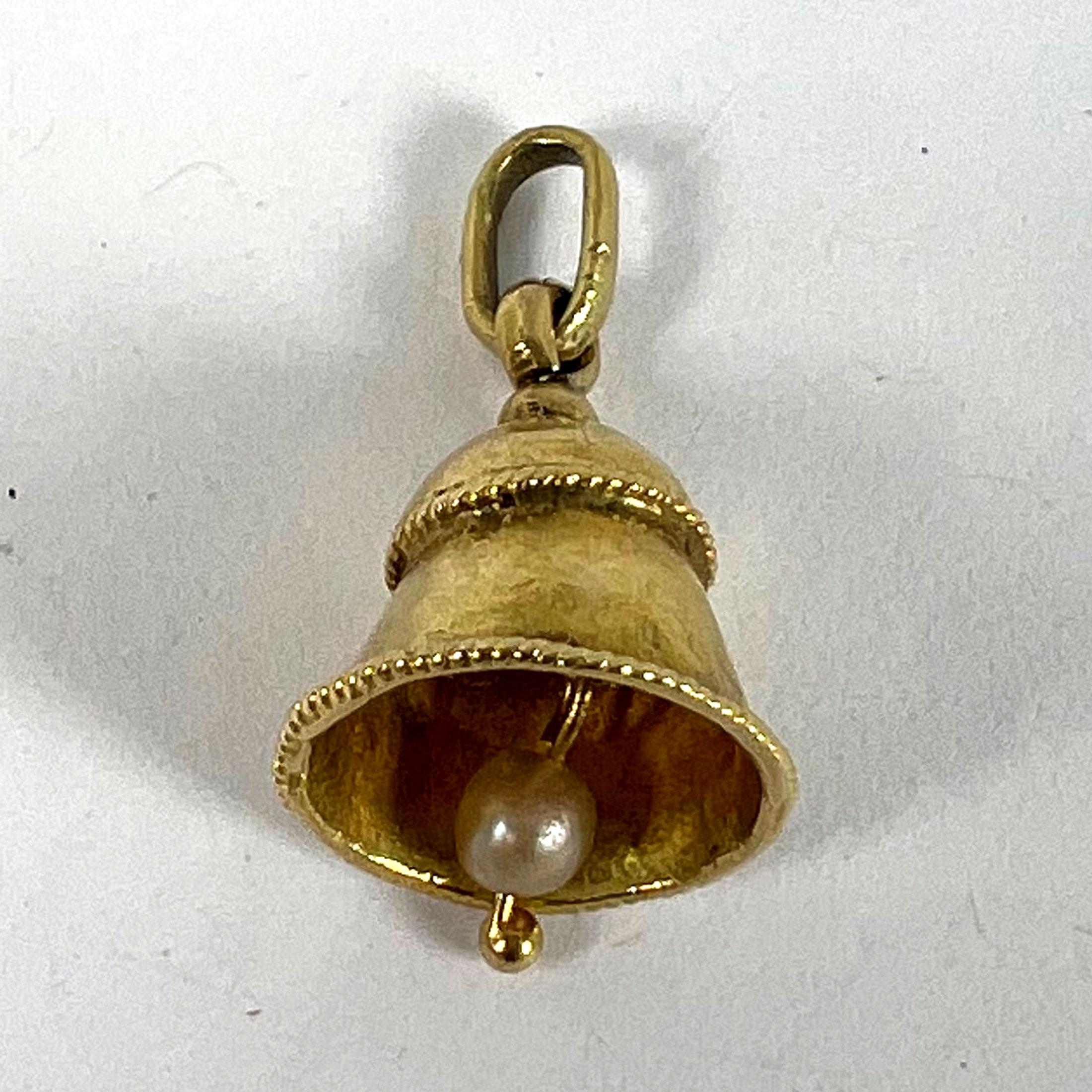 Vintage Ringing Wedding Bell 18K Yellow Gold Pearl Charm Pendant For Sale 8