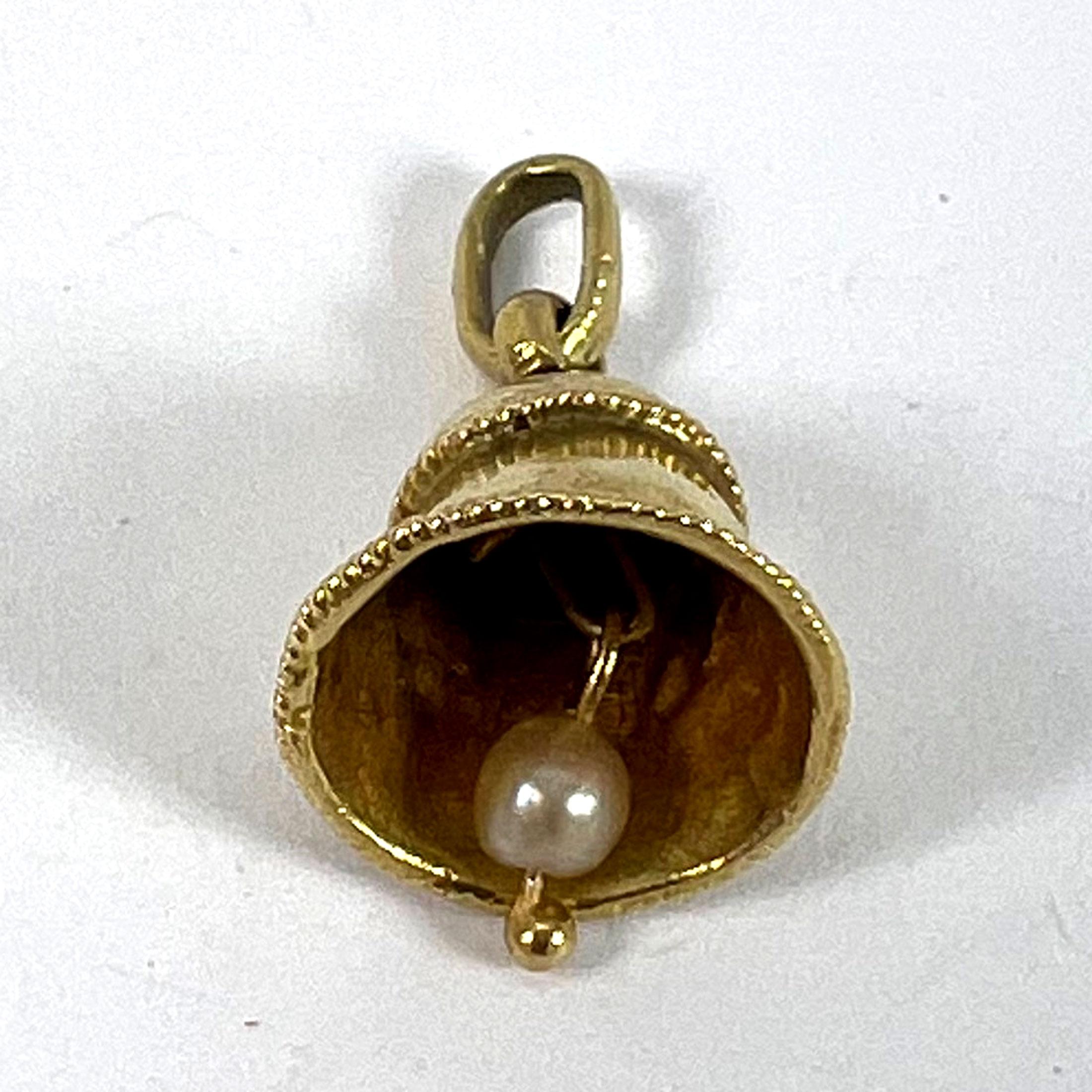 Vintage Ringing Wedding Bell 18K Yellow Gold Pearl Charm Pendant For Sale 9