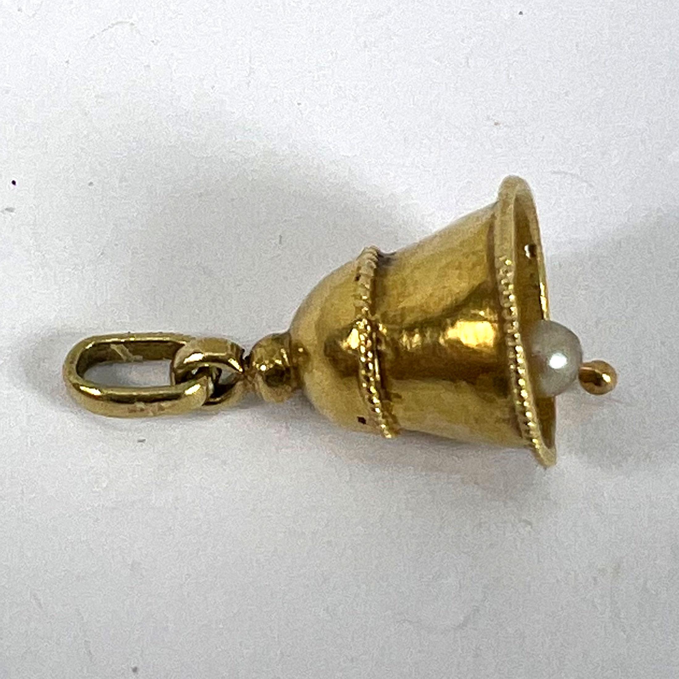 Vintage Ringing Wedding Bell 18K Yellow Gold Pearl Charm Pendant For Sale 10