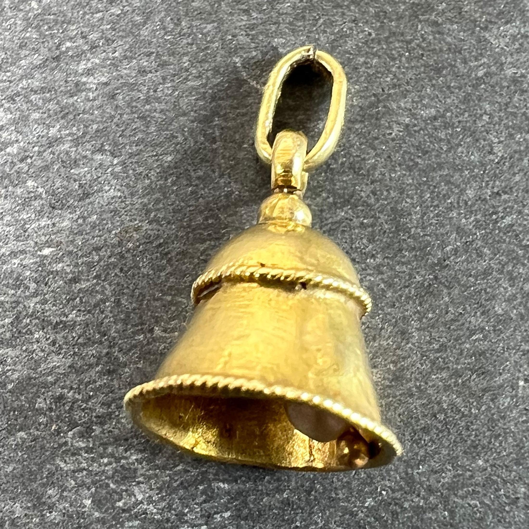 Uncut Vintage Ringing Wedding Bell 18K Yellow Gold Pearl Charm Pendant For Sale