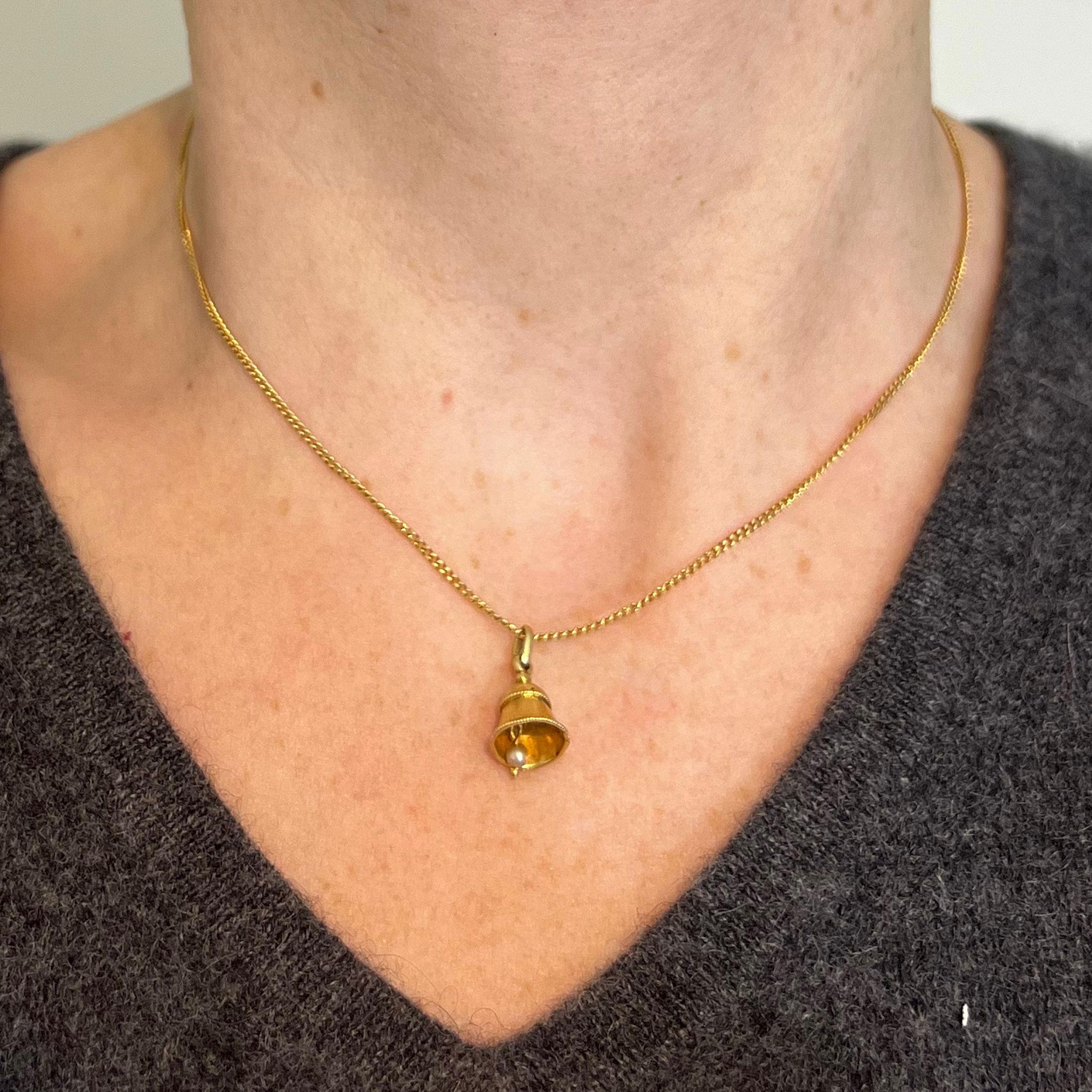 Women's Vintage Ringing Wedding Bell 18K Yellow Gold Pearl Charm Pendant For Sale