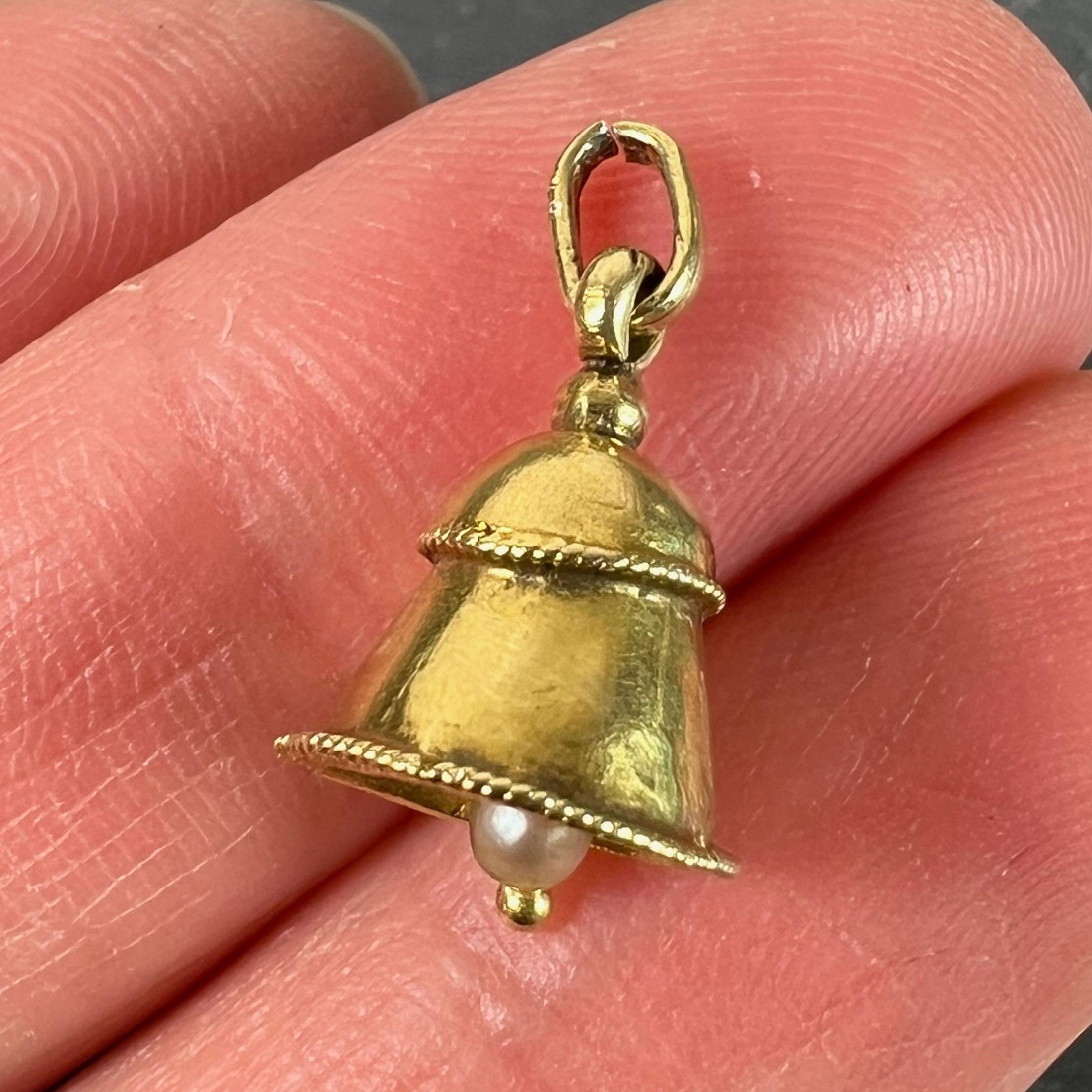 Vintage Ringing Wedding Bell 18K Yellow Gold Pearl Charm Pendant For Sale 1