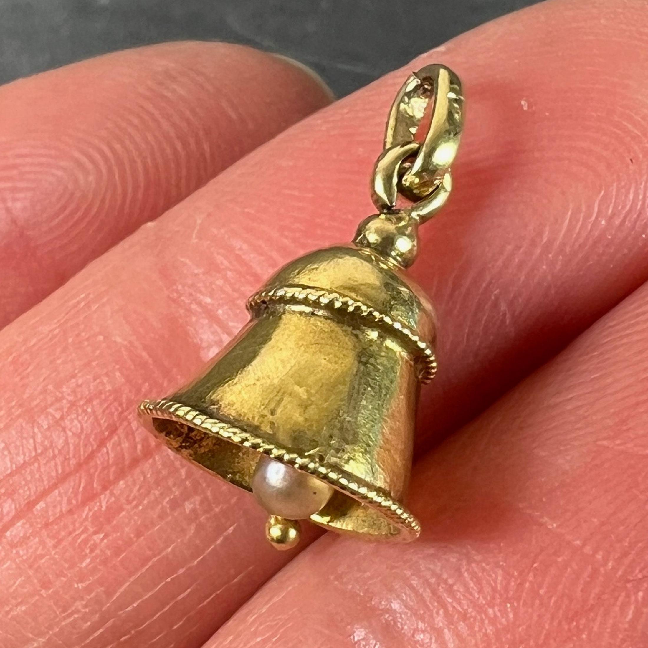 Vintage Ringing Wedding Bell 18K Yellow Gold Pearl Charm Pendant For Sale 2